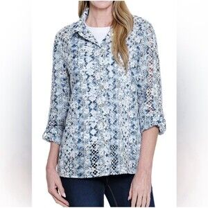 John Mark Women's Size 3X Blue Eyelet Long Sleeve Button Front Blouse Top NWT